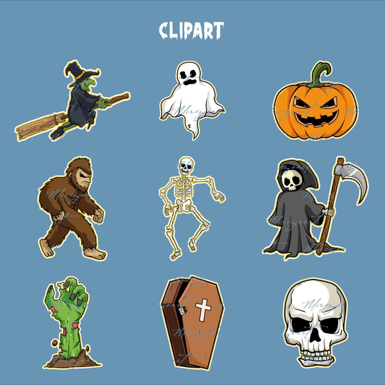 May include: A collection of Halloween-themed clipart illustrations on a blue background. The images include a witch on a broom, a ghost, a jack-o'-lantern, a Bigfoot, a skeleton, the Grim Reaper, a zombie hand, a coffin, and a skull.