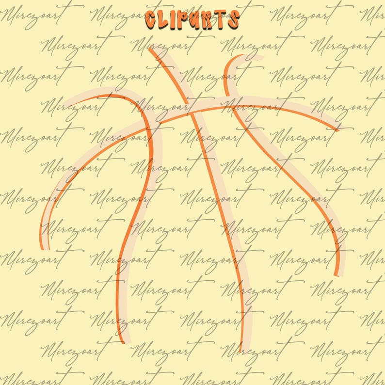 May include: A basketball illustration with orange lines on a light yellow background. The word "cliparts" is at the top in orange and brown. The background is covered in the word "Merezoart" in a cursive font.