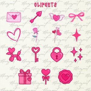 May include: A collection of pink Valentine's Day themed clip art. Includes a heart-shaped arrow, a heart with wings, a bow, a heart-shaped balloon dog, a key, a padlock, a gift box, a lollipop, and a wax seal. The word "cliparts" is at the top.