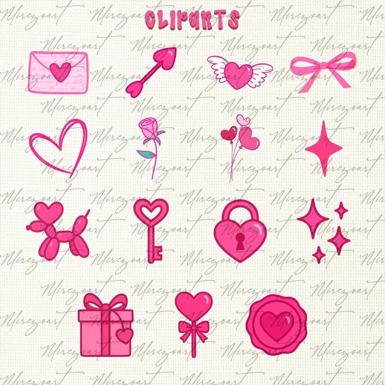 May include: A collection of pink Valentine's Day themed clip art. Includes a heart-shaped arrow, a heart with wings, a bow, a heart-shaped balloon dog, a key, a padlock, a gift box, a lollipop, and a wax seal. The word "cliparts" is at the top.