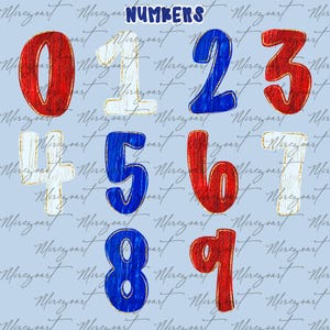 May include: A collection of numbers 0-9 in red, white, and blue, with gold trim, against a light blue background. The word "NUMBERS" is at the top. The numbers have a textured, crayon-like appearance.