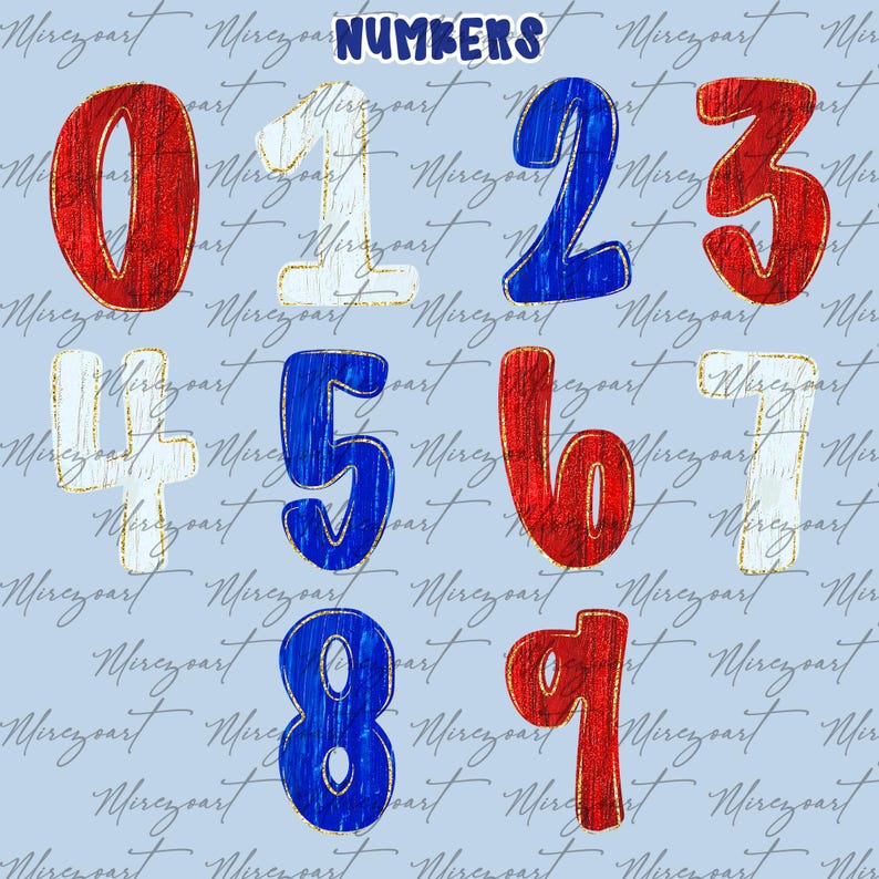 May include: A collection of numbers 0-9 in red, white, and blue, with gold trim, against a light blue background. The word "NUMBERS" is at the top. The numbers have a textured, crayon-like appearance.