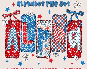 Patriotic 4th of July Alphabet PNG Bundle USA Flag Letters Numbers Clipart Set Red White Blue Sublimation Cricut Independence Designs