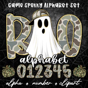 Camo Halloween Alphabet PNG Set with Numbers and Spooky Clipart, Camouflage Ghost Font for Sublimation Cricut Procreate Projects