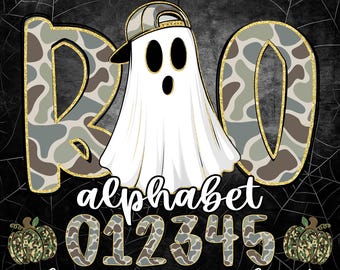 Camo Halloween Alphabet PNG Set with Numbers and Spooky Clipart, Camouflage Ghost Font for Sublimation Cricut Procreate Projects