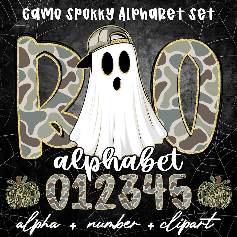 May include: A digital design featuring a spooky ghost wearing a backwards baseball cap, with the letters "R", "O", and "D" in a camouflage pattern. The design includes the alphabet, numbers, and clipart, with the text "Camo Spooky Alphabet Set".