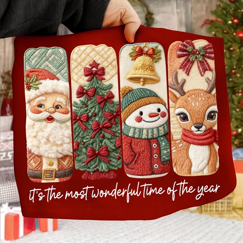May include: Red Christmas-themed pillow with embroidered panels featuring Santa Claus, a Christmas tree, a snowman, and a reindeer. The text "it's the most wonderful time of the year" is at the bottom.