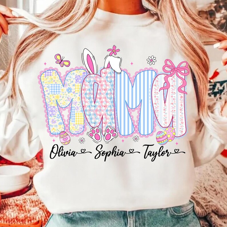 Personalized Easter Mama PNG, Custom Bunny Mom Sublimation Design, Spring Patchwork Mama Shirt PNG, Easter Mom Digital Download image 7