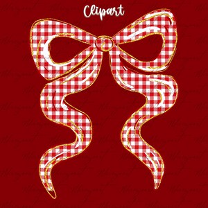 May include: A decorative clipart image of a red and white gingham bow with gold glitter trim. The bow is set against a solid red background, with the word "Clipart" in white script at the top.