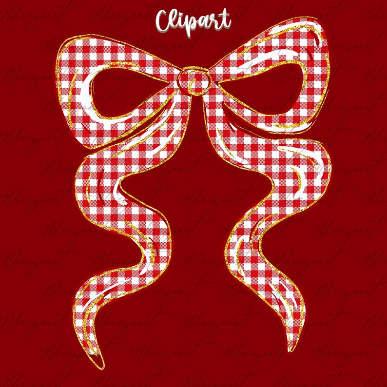May include: A decorative clipart image of a red and white gingham bow with gold glitter trim. The bow is set against a solid red background, with the word "Clipart" in white script at the top.