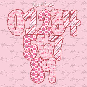 May include: A collection of decorative numbers 0-9 in pink and red, with heart and checkerboard patterns. The numbers have a scalloped edge and are set against a pink background with the word "Numbers" at the top.