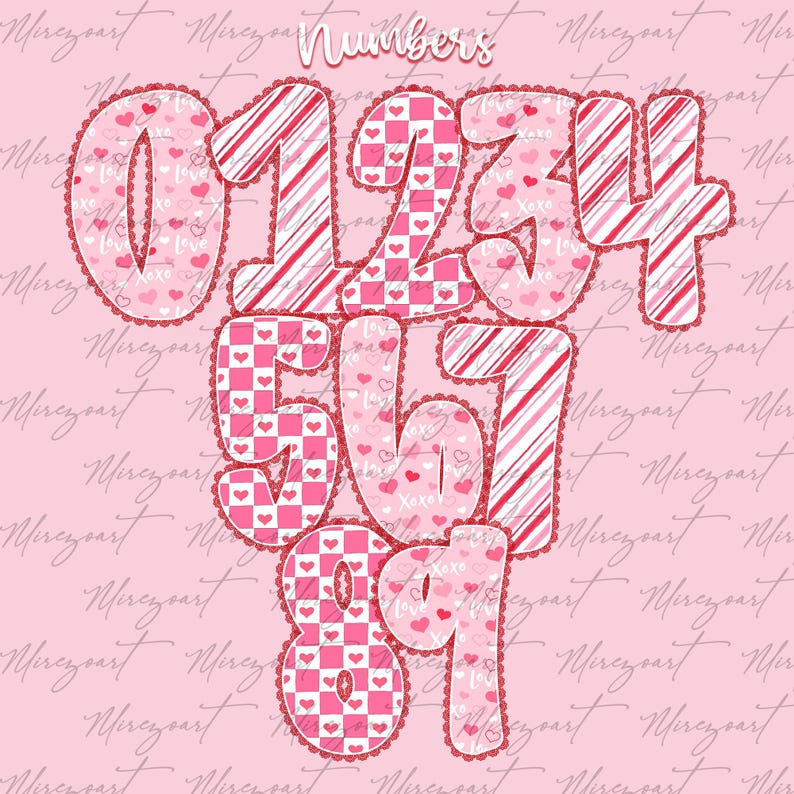 May include: A collection of decorative numbers 0-9 in pink and red, with heart and checkerboard patterns. The numbers have a scalloped edge and are set against a pink background with the word "Numbers" at the top.