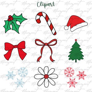 May include: A collection of Christmas-themed clipart illustrations. Includes a holly sprig with red berries, a candy cane, a Santa hat, red bows, a Christmas tree, snowflakes, and a daisy. The word "Clipart" is written at the top.