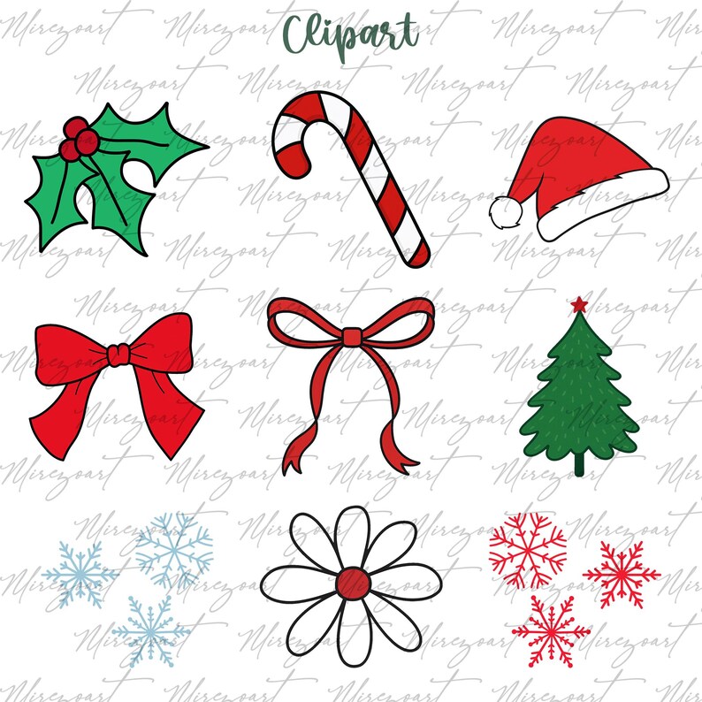 May include: A collection of Christmas-themed clipart illustrations. Includes a holly sprig with red berries, a candy cane, a Santa hat, red bows, a Christmas tree, snowflakes, and a daisy. The word "Clipart" is written at the top.