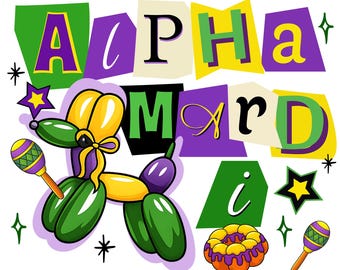 Mardi Gras Alphabet PNG Bundle with Letters Numbers and Festive Cliparts Purple Green Gold Balloon Dog Donut Mask Style Sublimation Crafts