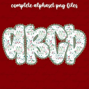 May include: The image displays the letters A, B, C, and D in a decorative font. Each letter is filled with a white floral pattern featuring green leaves and red berries. The letters are outlined in green and bordered with a lace-like trim, set against a deep red background.