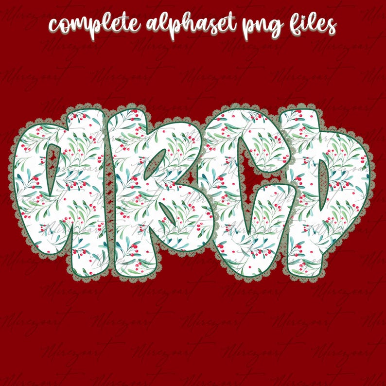 May include: The image displays the letters A, B, C, and D in a decorative font. Each letter is filled with a white floral pattern featuring green leaves and red berries. The letters are outlined in green and bordered with a lace-like trim, set against a deep red background.