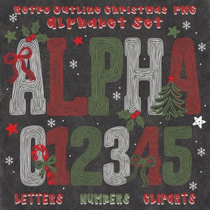 Può includere: Un set grafico digitale che presenta il testo Retro Outline Christmas PNG Alphabet Set, Letters, Numbers, Cliparts. I caratteri sono resi in uno stile a linee rosse, verdi e bianche, decorati con agrifoglio, fiocchi e fiocchi di neve.