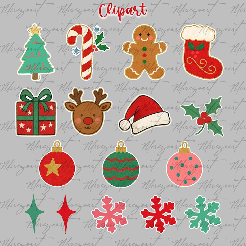 May include: A collection of Christmas-themed clipart illustrations. Includes a Christmas tree, candy cane, gingerbread man, stocking, gift box, reindeer, Santa hat, holly, ornaments, stars, and snowflakes. The word "Clipart" is at the top.