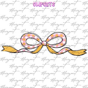 May include: A hand-drawn bow illustration with a pink and yellow gingham pattern in the center and a yellow ribbon. The word "cliparts" is written in purple at the top. The background is covered with the word "Merezort" in a cursive font.