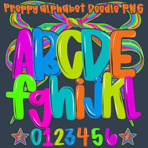 Preppy Letters & Numbers PNG Bundle, Colorful Doodle Alphabet A-Z 0–9, Funky Teacher Font Clipart, Coquette Back to School Sublimation