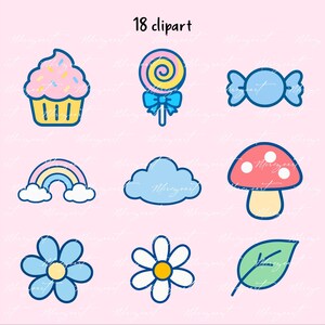 May include: A set of 18 clipart images on a pink background. The images include a cupcake, lollipop, candy, rainbow, cloud, mushroom, two flowers, and a leaf. The text "18 clipart" is at the top.