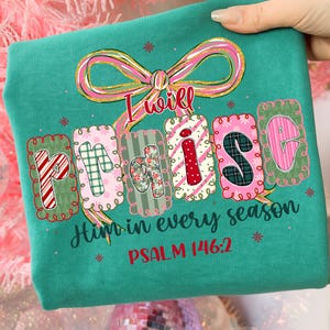 May include: Teal-colored t-shirt with the words "I will PRAISE Him in every season" in a decorative font. The word "PRAISE" is in individual letter blocks with various patterns. The text "PSALM 146:2" is printed in red.