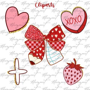 May include: A collection of Valentine's Day themed clip art. Includes a pink heart with gold glitter trim, a red bow with hearts and checkered patterns, a strawberry, and a heart-shaped candy with "XOXO" text.