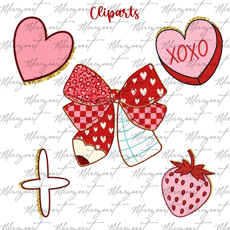 May include: A collection of Valentine's Day themed clip art. Includes a pink heart with gold glitter trim, a red bow with hearts and checkered patterns, a strawberry, and a heart-shaped candy with "XOXO" text.