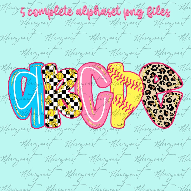 May include: A digital design featuring the letters "ABCDE" in a playful font. The letters are decorated with various patterns, including a baseball theme, leopard print, and a checkered pattern. The background is a light blue color.