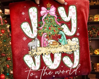 Alegría para el mundo PNG con belén y árbol de Navidad, diseño de sublimación floral pastel navideño, clipart PNG festivo basado en la fe
