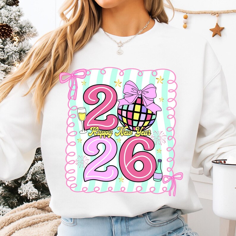 May include: White sweatshirt with a colorful graphic design for the New Year. The design includes the numbers "26" in pink, a disco ball, a champagne glass, and the text "Happy New Year". The design is framed with a pink border.