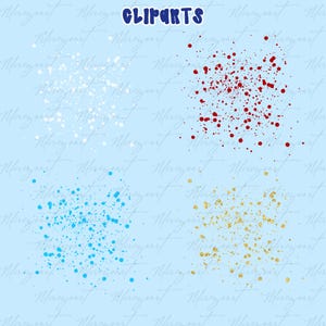 May include: Digital clipart set featuring four clusters of dots in white, red, blue, and gold glitter. The word "CLIPARTS" is written in dark blue at the top. The background is a light blue color.