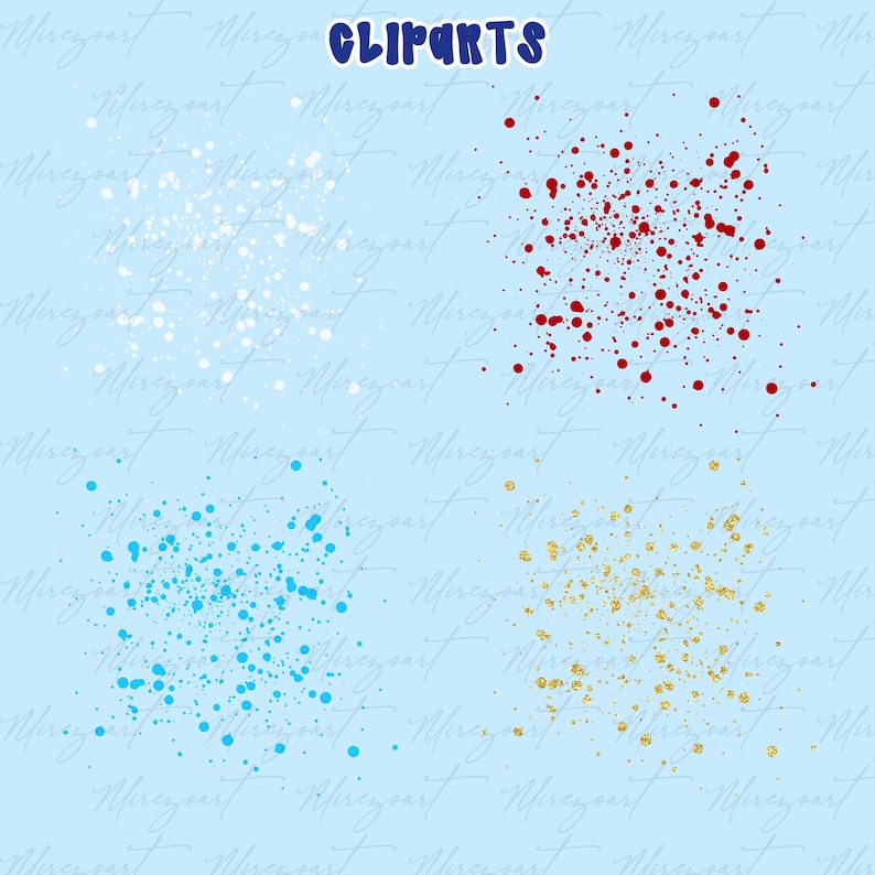 May include: Digital clipart set featuring four clusters of dots in white, red, blue, and gold glitter. The word "CLIPARTS" is written in dark blue at the top. The background is a light blue color.