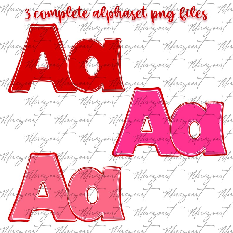 May include: Three complete alphabet sets in PNG files. The image shows the letter "A" in uppercase and lowercase, in three colour schemes: red, pink, and a pink gradient. The background is white with a script-style watermark.