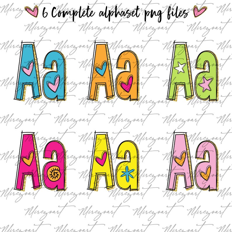 May include: A digital graphic showing six pairs of the letter "A", in uppercase and lowercase. The letters are in various colours, including blue, orange, and pink, with decorative elements such as hearts and stars. The text "6 Complete alphaset png files" is at the top.