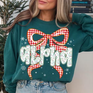 May include: A teal sweatshirt with a large red and white gingham bow design. The word "ALPHA" is printed in white, with a floral pattern and red berries. Snowflake and star accents complete the festive look.