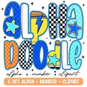 Alpha Doodle School Font PNG Bundle, 6 Bright Alphabet Sets + Numbers + Clipart, Preppy Bold Pencil Checkered Letters for Sublimation