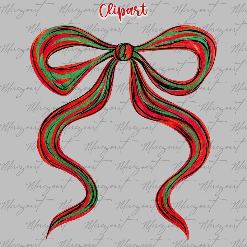 May include: A watercolor-style illustration of a decorative bow. The bow features red and green stripes with black outlines. The word "Clipart" is written in red script at the top. The background is a light gray with a repeating script pattern.