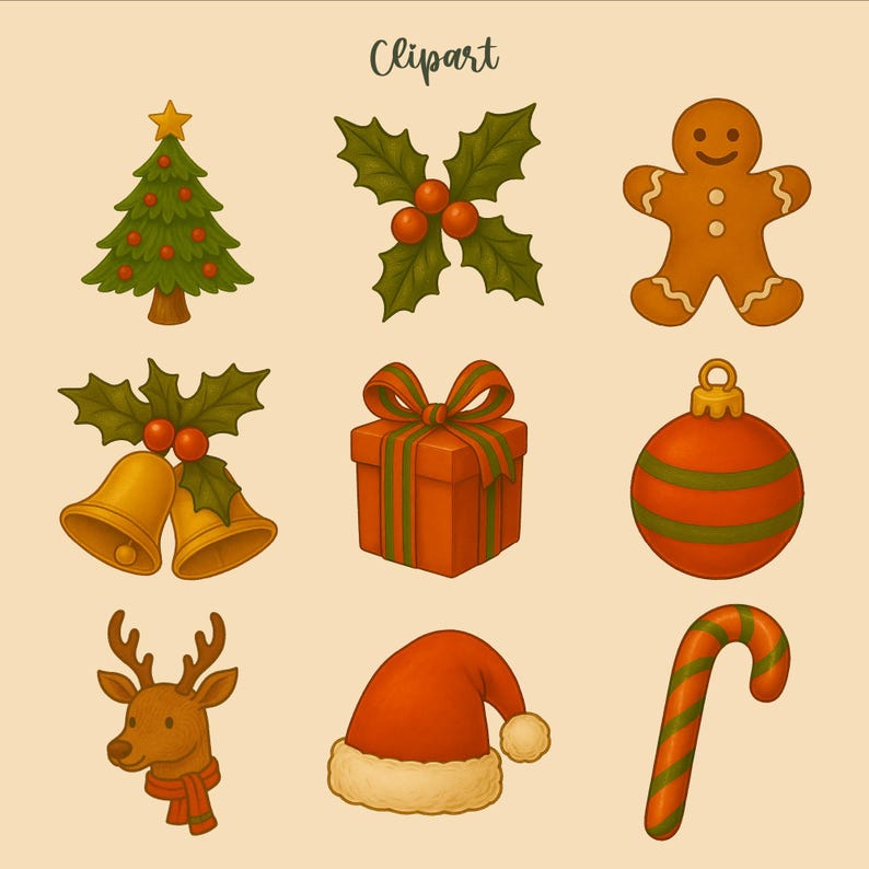 May include: A collection of Christmas-themed clipart illustrations. Includes a decorated Christmas tree, holly with berries, a gingerbread man, golden bells, a wrapped gift, a Christmas ornament, a reindeer, a Santa hat, and a candy cane. The word "Clipart" is at the top.