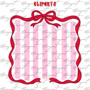 May include: A red ribbon frame with a bow at the top, enclosing a pink and white striped background. The word "CLIPARTS" is written in red at the top. The background has a script-like pattern.