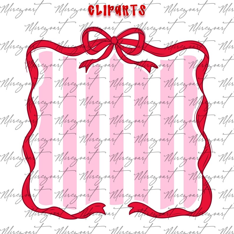 May include: A red ribbon frame with a bow at the top, enclosing a pink and white striped background. The word "CLIPARTS" is written in red at the top. The background has a script-like pattern.
