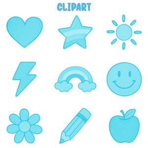 May include: A collection of light blue clipart illustrations on a white background. The clipart includes a heart, star, sun, lightning bolt, rainbow, smiley face, flower, pencil, and apple. The word "CLIPART" is written in light blue at the top.