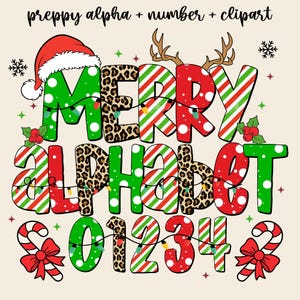 以下が含まれることがあります： 「MERRY ALPHABET 01234」の文字が入ったお祝いのクリスマスグラフィック。文字と数字はヒョウ柄、赤と緑のストライプ、水玉模様で装飾されています。サンタの帽子、トナカイの角、キャンディケーンがホリデー気分を盛り上げます。