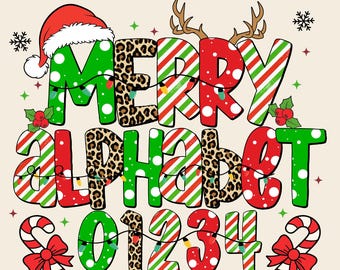 Christmas Alphabet PNG Bundle Leopard Print Holiday Letter Clipart for Sublimation, Cards, Winter Crafts & Festive Decor