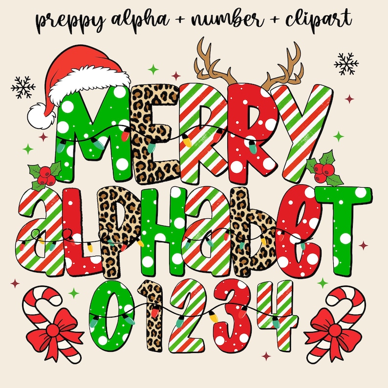 以下が含まれることがあります： 「MERRY ALPHABET 01234」の文字が入ったお祝いのクリスマスグラフィック。文字と数字はヒョウ柄、赤と緑のストライプ、水玉模様で装飾されています。サンタの帽子、トナカイの角、キャンディケーンがホリデー気分を盛り上げます。