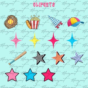 May include: A collection of baseball-themed illustrations and star shapes on a light blue background. Includes a baseball glove, popcorn, a baseball cap, and a baseball bat. The word "CLIMBTS" is at the top.