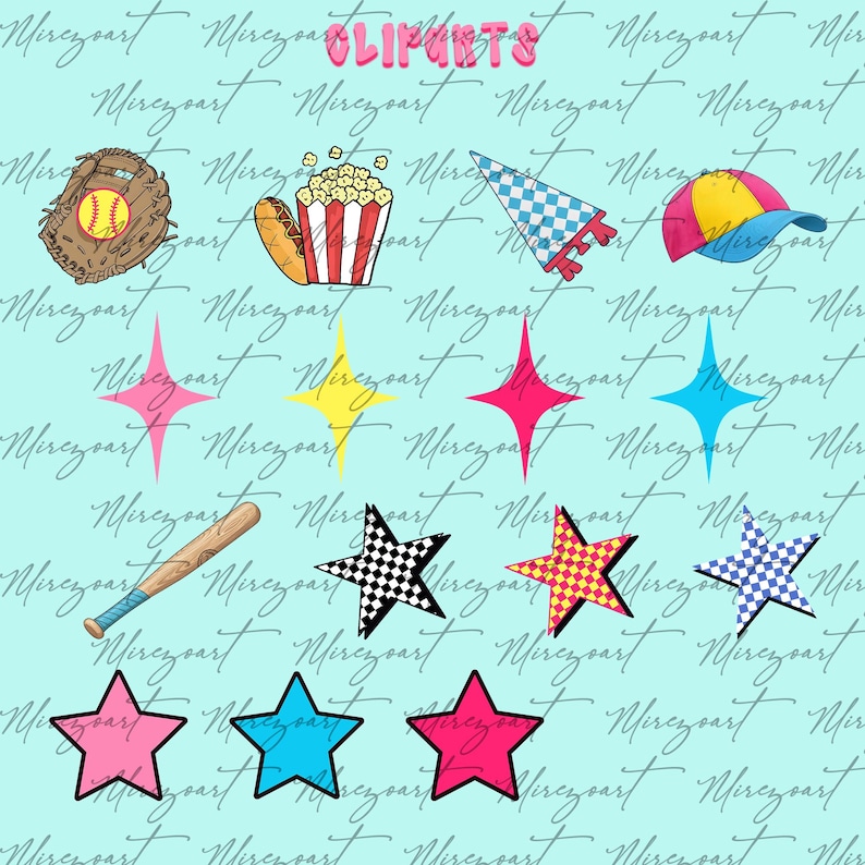 May include: A collection of baseball-themed illustrations and star shapes on a light blue background. Includes a baseball glove, popcorn, a baseball cap, and a baseball bat. The word "CLIMBTS" is at the top.