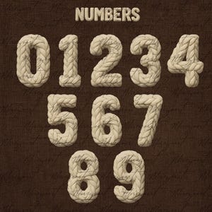 May include: A collection of numbers, zero through nine, crafted from thick, off-white rope. The word "NUMBERS" is displayed above the numerals. The background is a textured, dark brown surface with faint script writing.