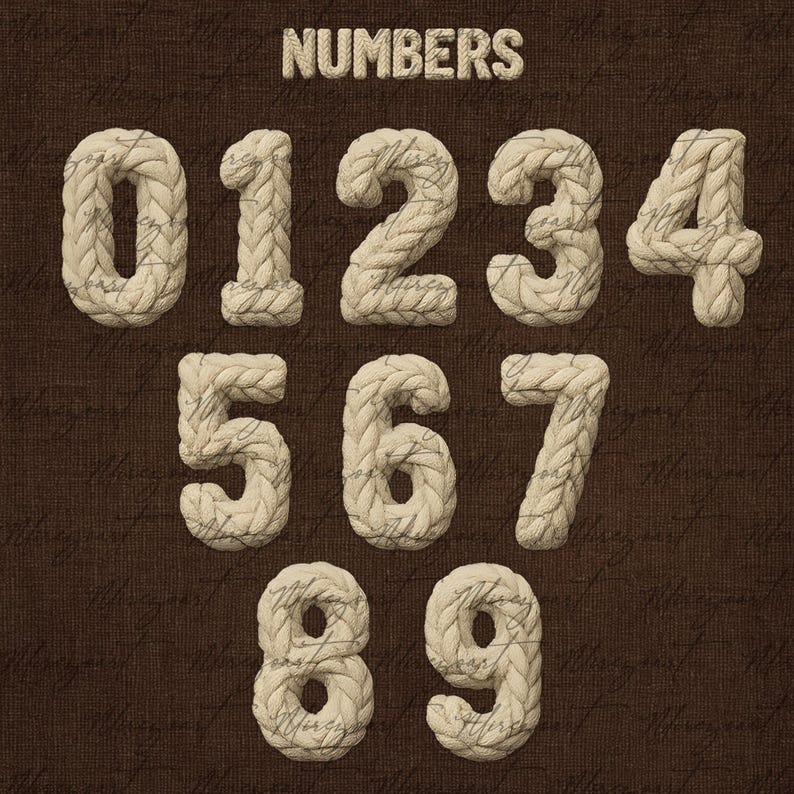 May include: A collection of numbers, zero through nine, crafted from thick, off-white rope. The word "NUMBERS" is displayed above the numerals. The background is a textured, dark brown surface with faint script writing.